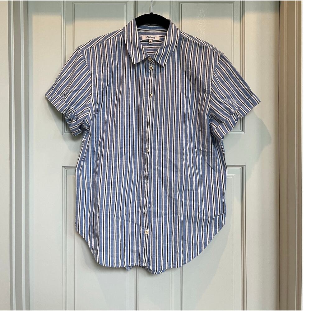 Madewell Blue Striped Short Sleeve Button Down Top